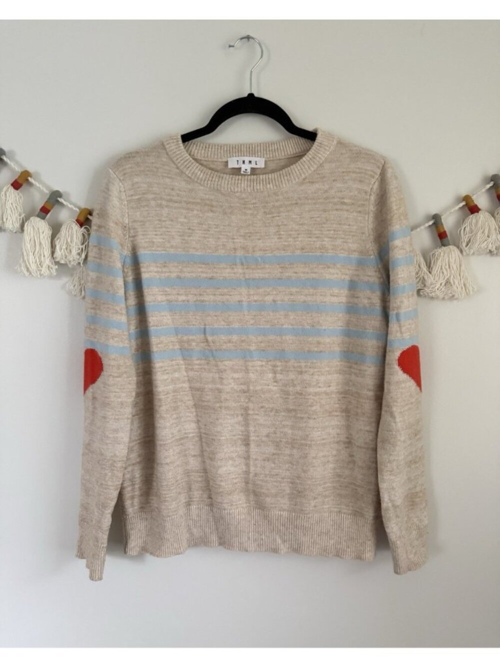 THML Cream Striped Heart Elbow Crewneck Pullover Sweater Preppy Cottage Coquette